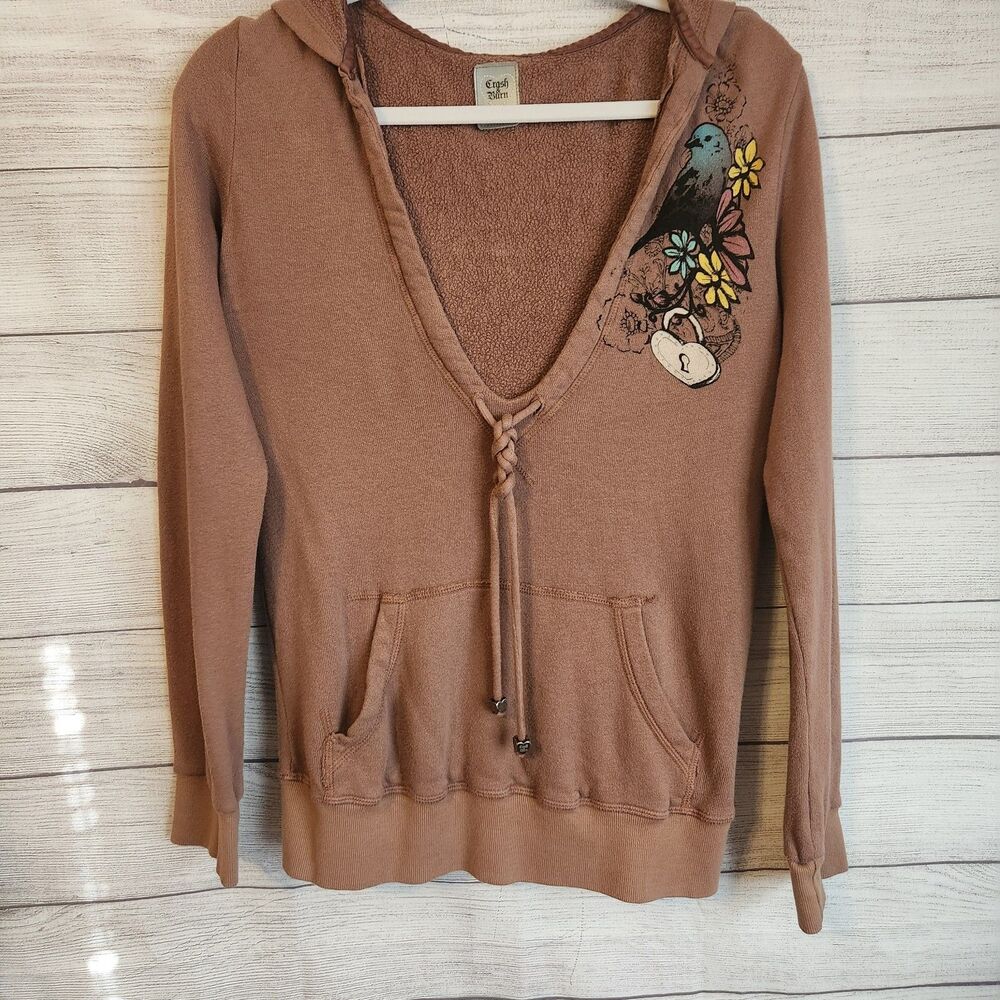 Crash & Burn Small brown v-neck hooded bird floral Y2K Fairy sweatshirt